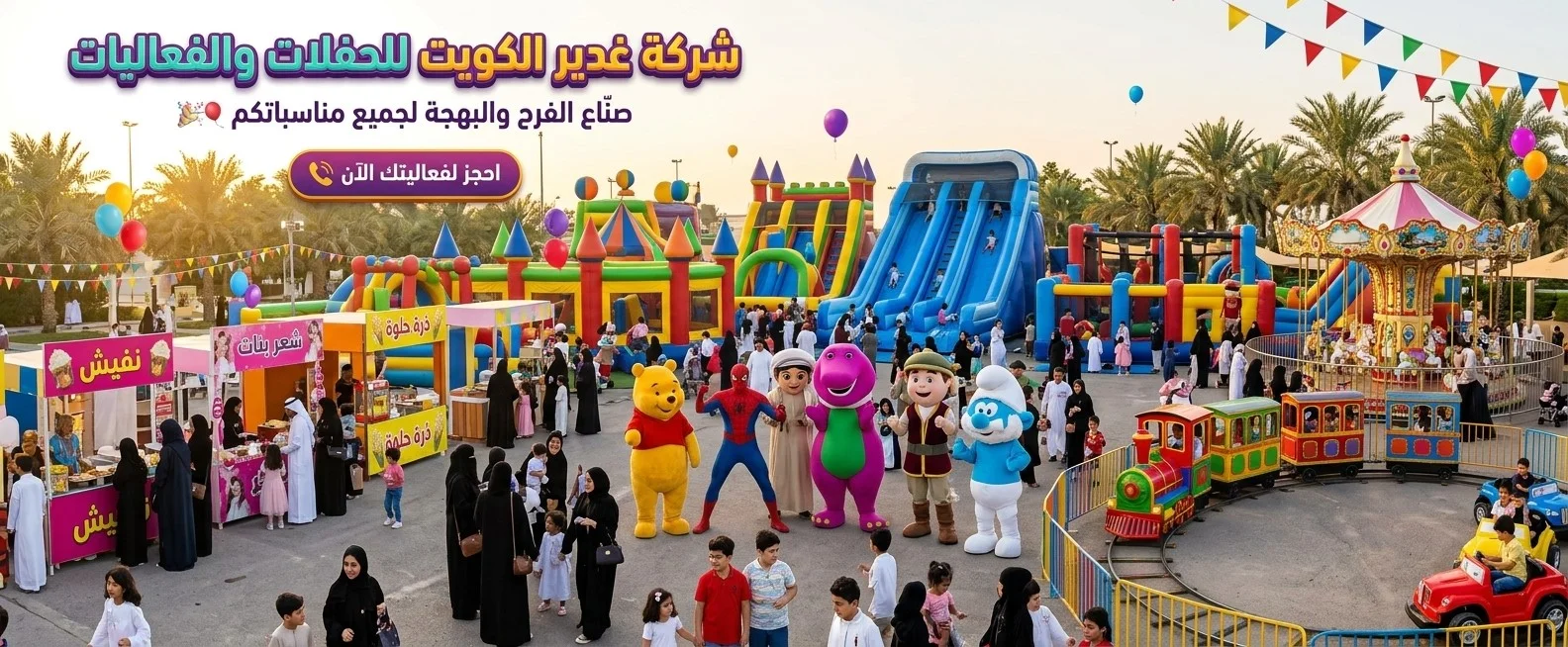 أطفال يستمتعون بالنطاطيات والشخصيات الكرتونية في حفلة
